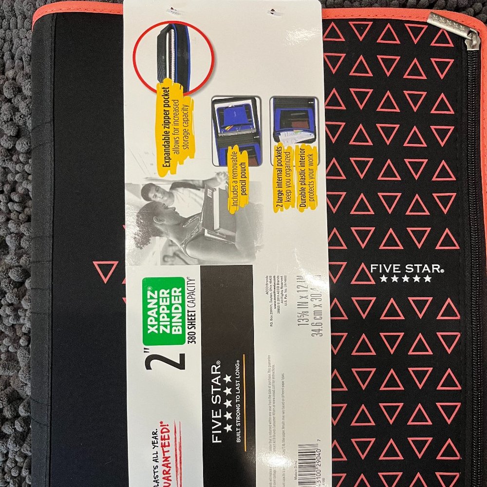 Five Star Zipper Binder, 2 Inch 3 Ring Binder, Xpanz, Coral Triangles NWT